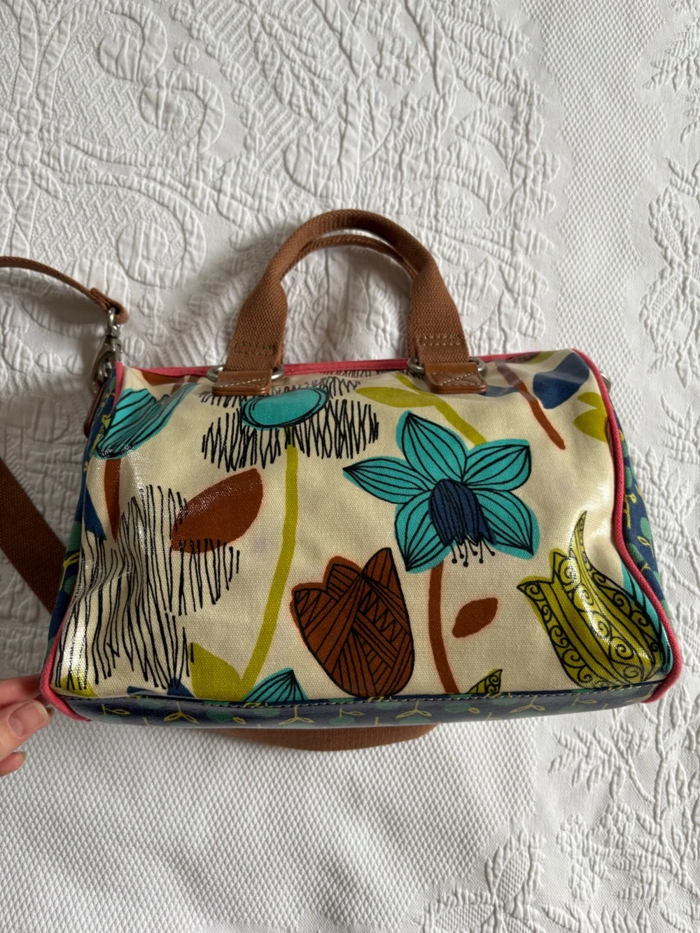 Fossil Key-Per mod floral handbag satchel shoulder bag coated canvas retro